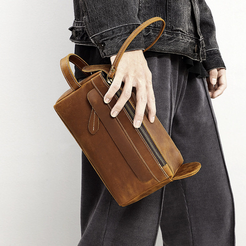 Genuine Leather Toiletry Bag, Multifunctional Travel Cosmetics Bag, First-Layer Cowhide Men's Clutch Bag, Large-Capacity Handbag, Crazy Horse Leather