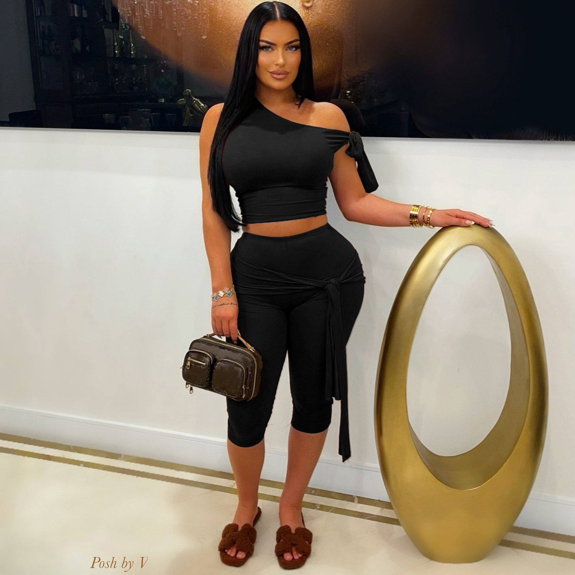 欧美女装2025夏季新款跨境斜肩绑带休闲时尚纯色套装