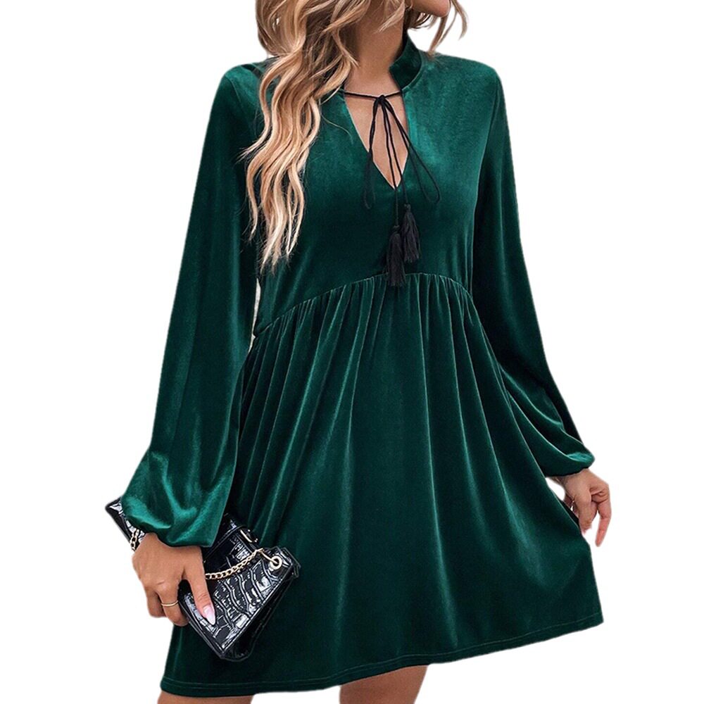Velvet Long Sleeve Dress Waist Cinching Flared Skirt Puff Sleeves Fall Winter Fashion for Women Wholesale Available