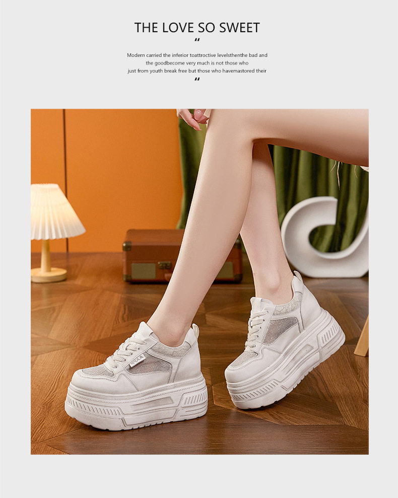 Giày platform nữ đế xuồng trắng thoáng khí, gót siêu cao 8 cm, mũi tròn, dây buộc phía trước — Xanh dương, Hồng, Xám, Trắng chi tiết 19