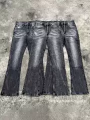 Dc Retro Black Bamboo Cotton Faded Lightning Pattern Washed and Distressed Bootcut Jeans for Couples Versatile Pants for Men and Women