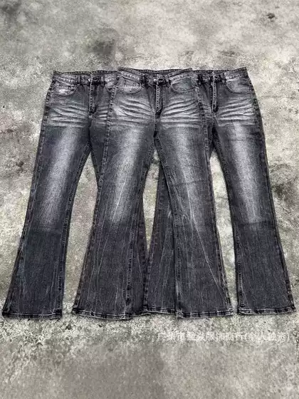 Dc Retro Black Bamboo Cotton Faded Lightning Pattern Washed and Distressed Bootcut Jeans for Couples Versatile Pants for Men and Women
