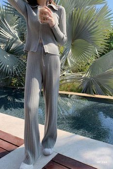 2025 Spring and Autumn Fashion New Casual Suit Korean Style Slim Straight Wide Leg Pants Knitted Cardigan Two-Piece Set Women's Trendy