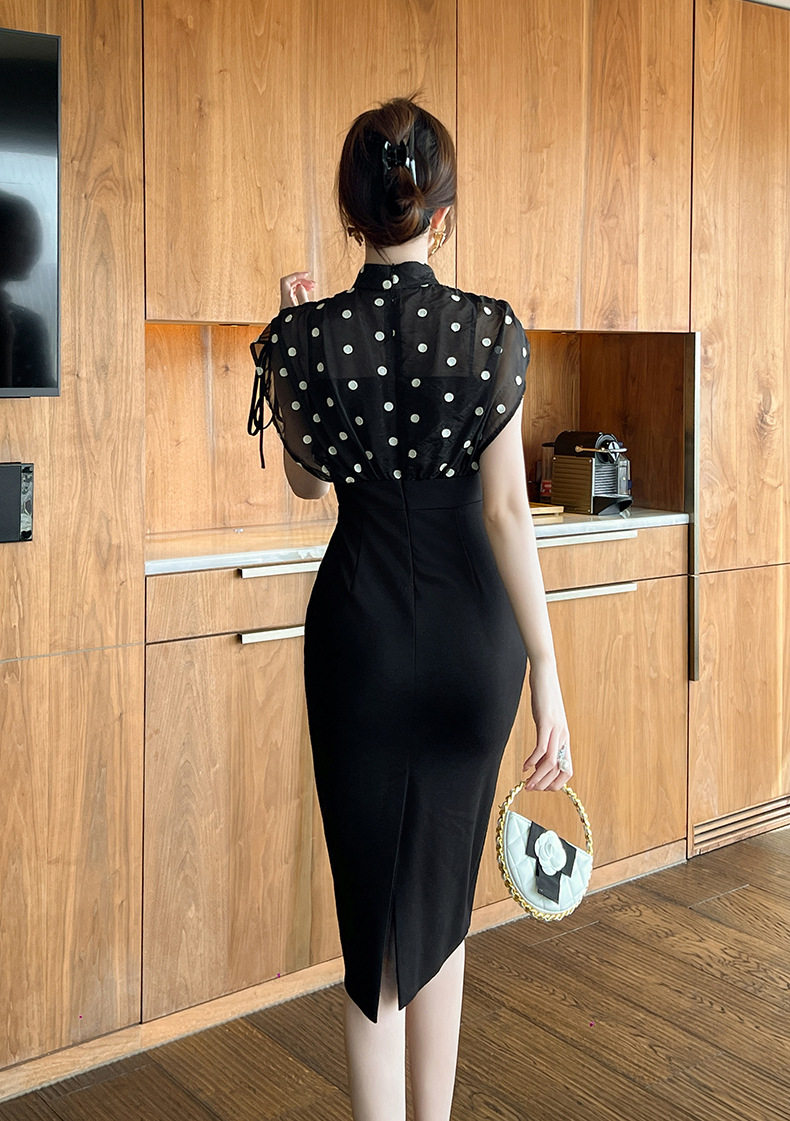 Đầm ôm body nữ cổ đứng tay ngắn phong cách sườn xám retro họa tiết chấm bi — [Màu đen] chi tiết 12
