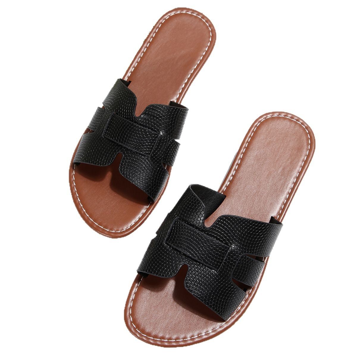 European and American Foreign Trade plus size One-word Solid Color Classic Round Head Flat Slippers for Women 2025 Summer New Beach Slippers for Women