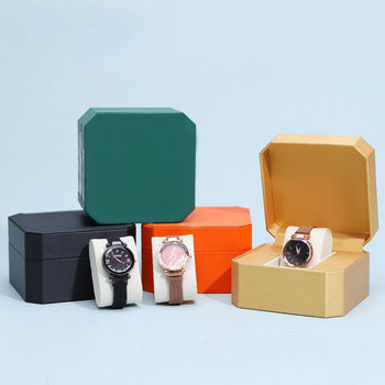 Octagonal Pu Leather High-End Watch Box Black Mechanical Watch Double Watch Box Leather Flip Cover Men's and Women's Watch Packaging Box