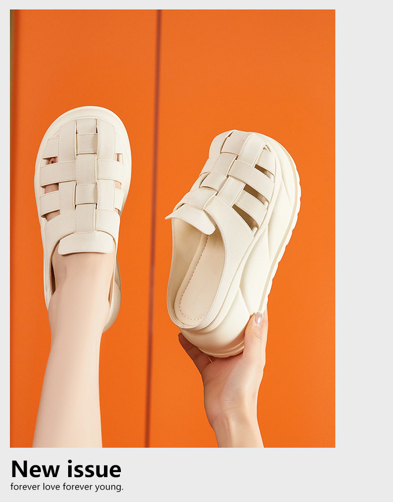 Dép sandal nữ xỏ ngón đế bệt đan sợi phong cách La Mã — Đen, Len nguyên chất chi tiết 12