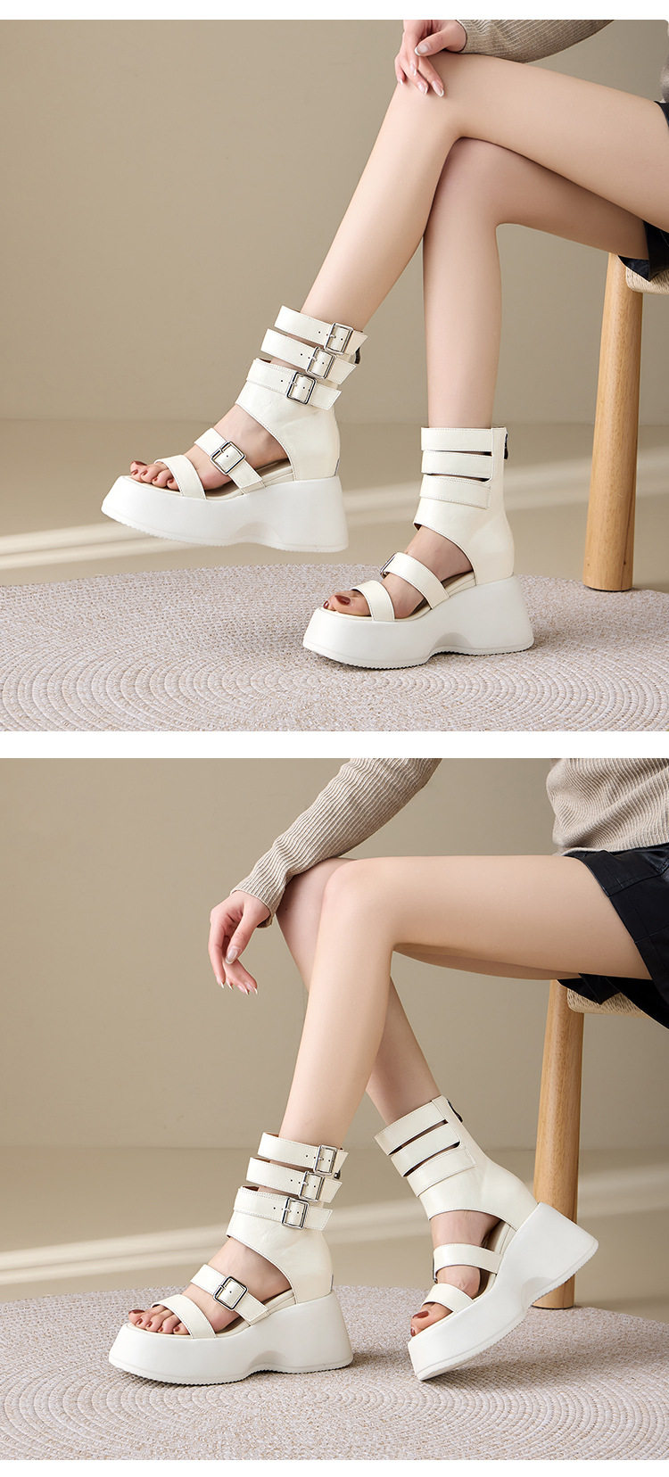 Sandal cao gót nữ hở mũi quai ngang đế dày 8 cm phong cách La Mã da bò mềm — [Trắng kem], [Đen] chi tiết 3