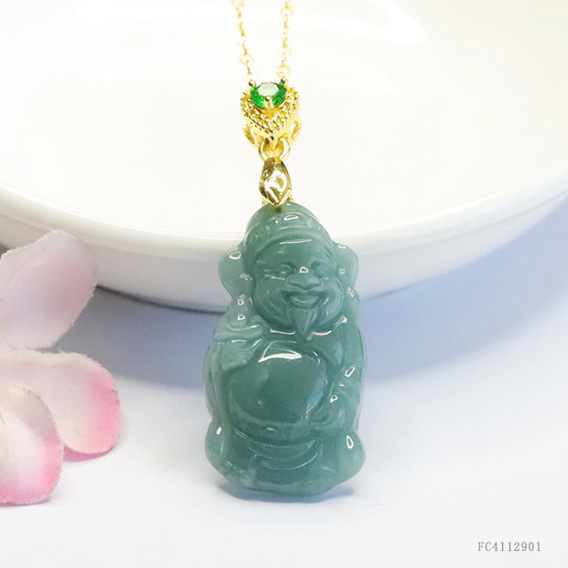 Guan Yu Natural Grade a Jade Pendant Blue Water God of Wealth Jadeite Hanging Ornament Necklace Jewelry Wholesale S4112901