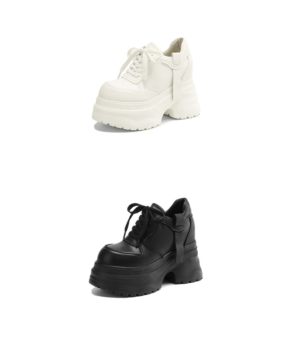 Giày sneaker nữ da bò thật đế dày tăng chiều cao 12cm dáng dad shoes buộc dây — Màu đen, Màu trắng
