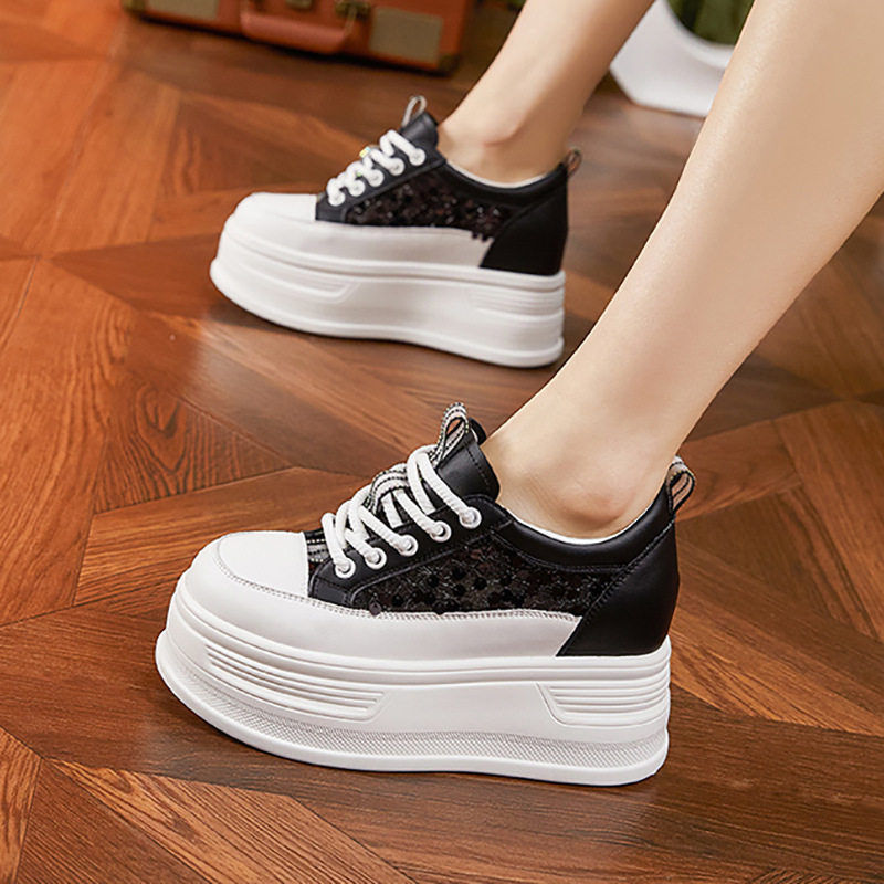 Giày sneaker nữ chunky đế dày lưới thoáng khí phong cách platform — Trắng, Đen