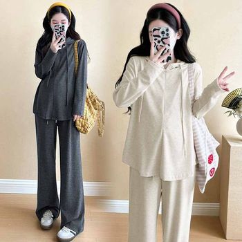 Maternity Wear Autumn and Winter Xiaohongshu Popular Hooded Drawstring Half-Zip Long-Sleeved High-Waist Belly-Free Wide-Leg Pants Two-Piece Set