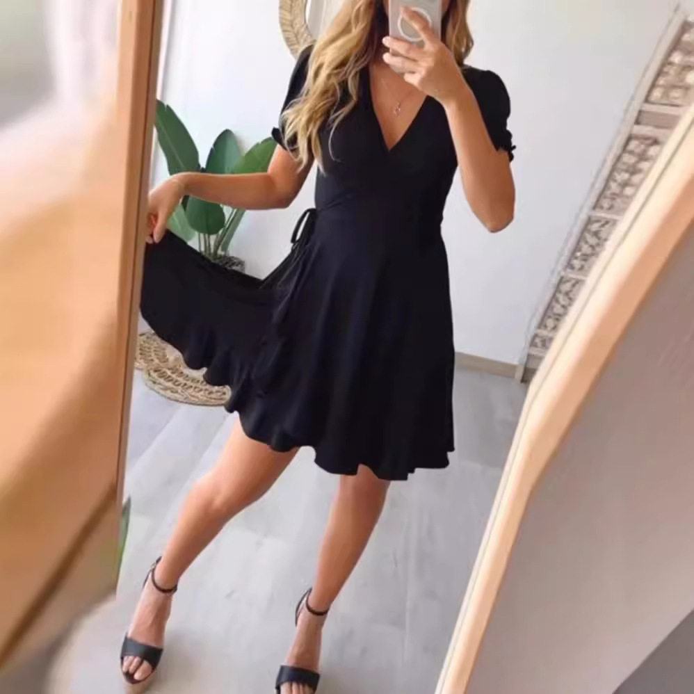 Summer Womens Dress Solid Color Short Sleeve V Neck Ruffle Hem Casual Wear for Parties or Daily Outings OEM