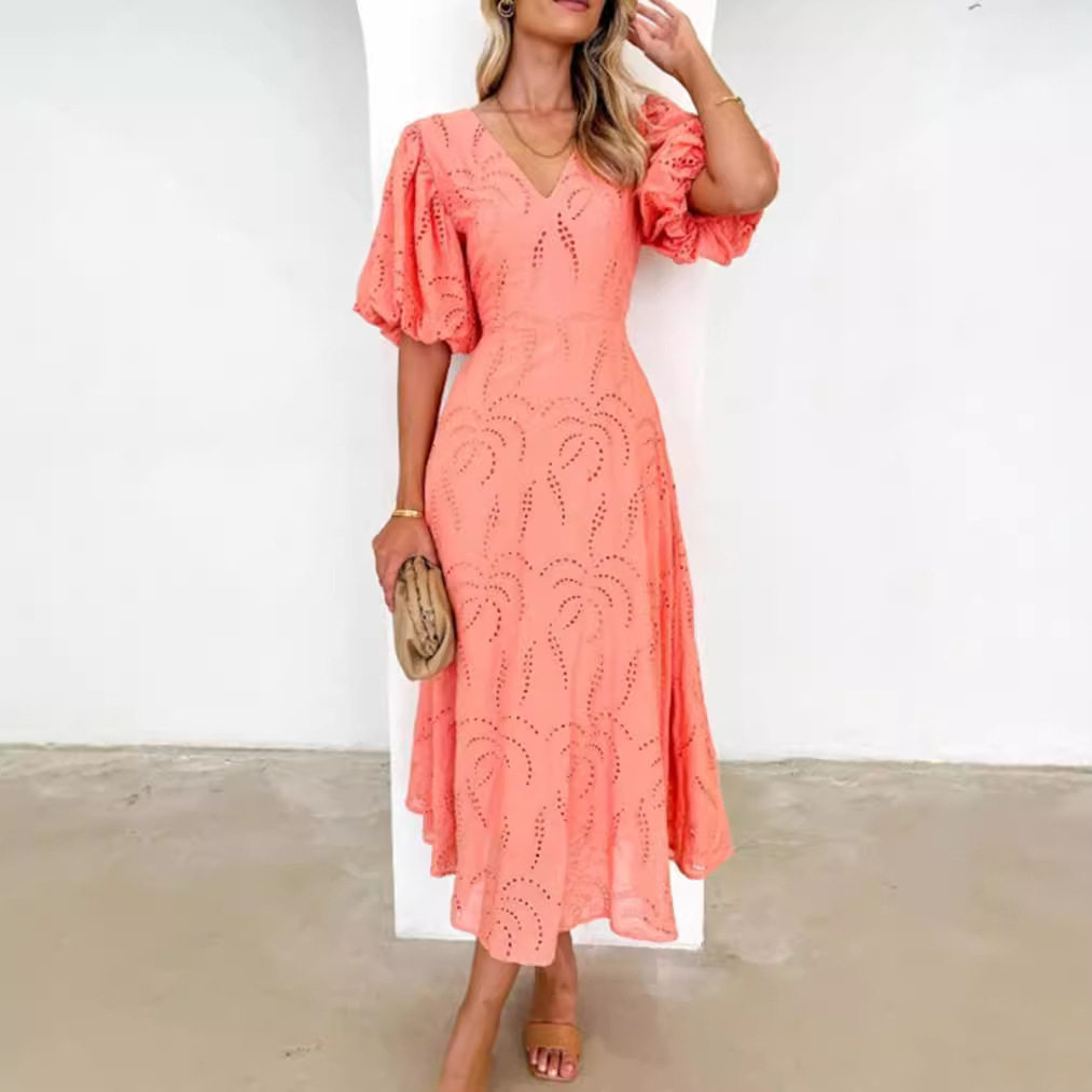 Womens Hollow Out V Neck Short Sleeve Dress Solid Color Waist Defining Elegant Style Perfect for Autumn Events