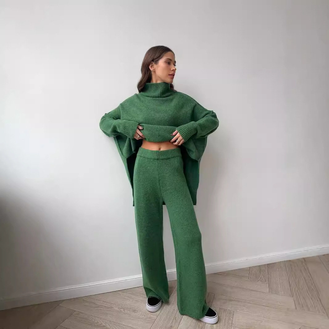Womens Oversized Turtleneck Split Wool Sweater Set Cozy Knit Fabric Casual Style Perfect for Fall Winter Wholesale