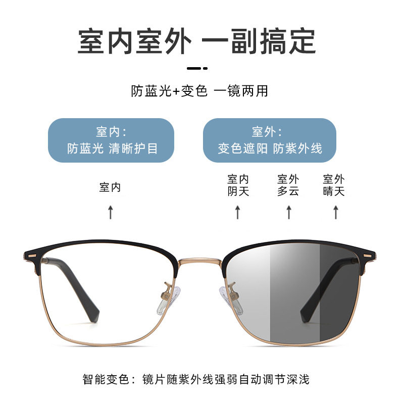 Aoran Metal Retro Glasses Frame, Fashionable Eyebrow Half-Frame Flat Glasses for Men, Can Be Equipped with Myopia Color-Changing Anti-Blue Light Glasses