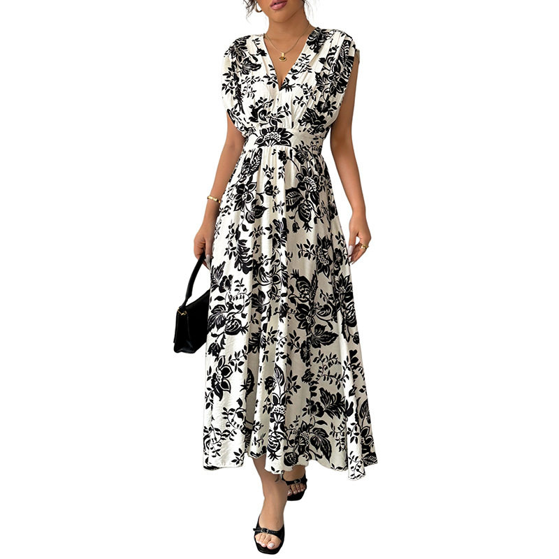 Elegant Black and White Floral Print Sleeveless Dress V Neck Trendy Design Perfect for Summer Events Wholesale
