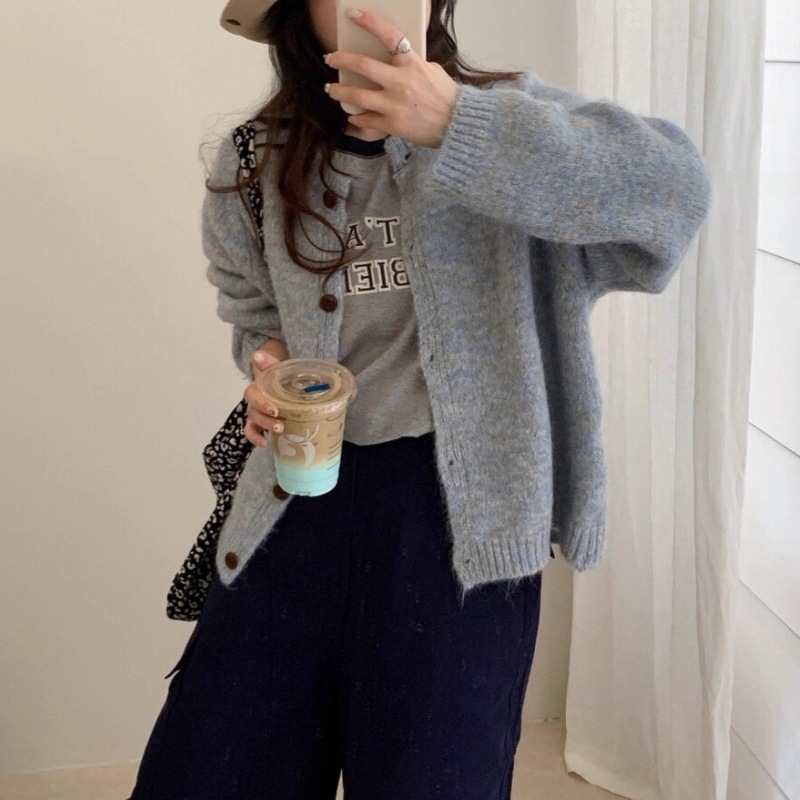 韩系高级感紫色针织外套女2025秋冬新款软糯宽松圆领女装毛衣开衫