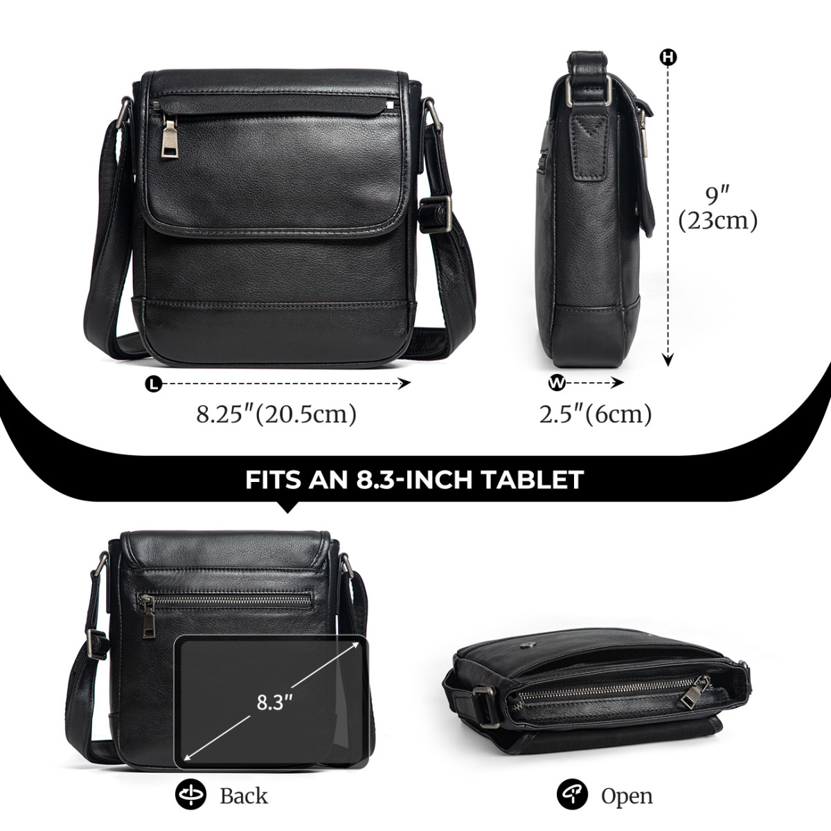 Túi đeo chéo nam da bò thật nắp gập kiểu messenger đựng vừa máy tính bảng 8 inch — màu đen