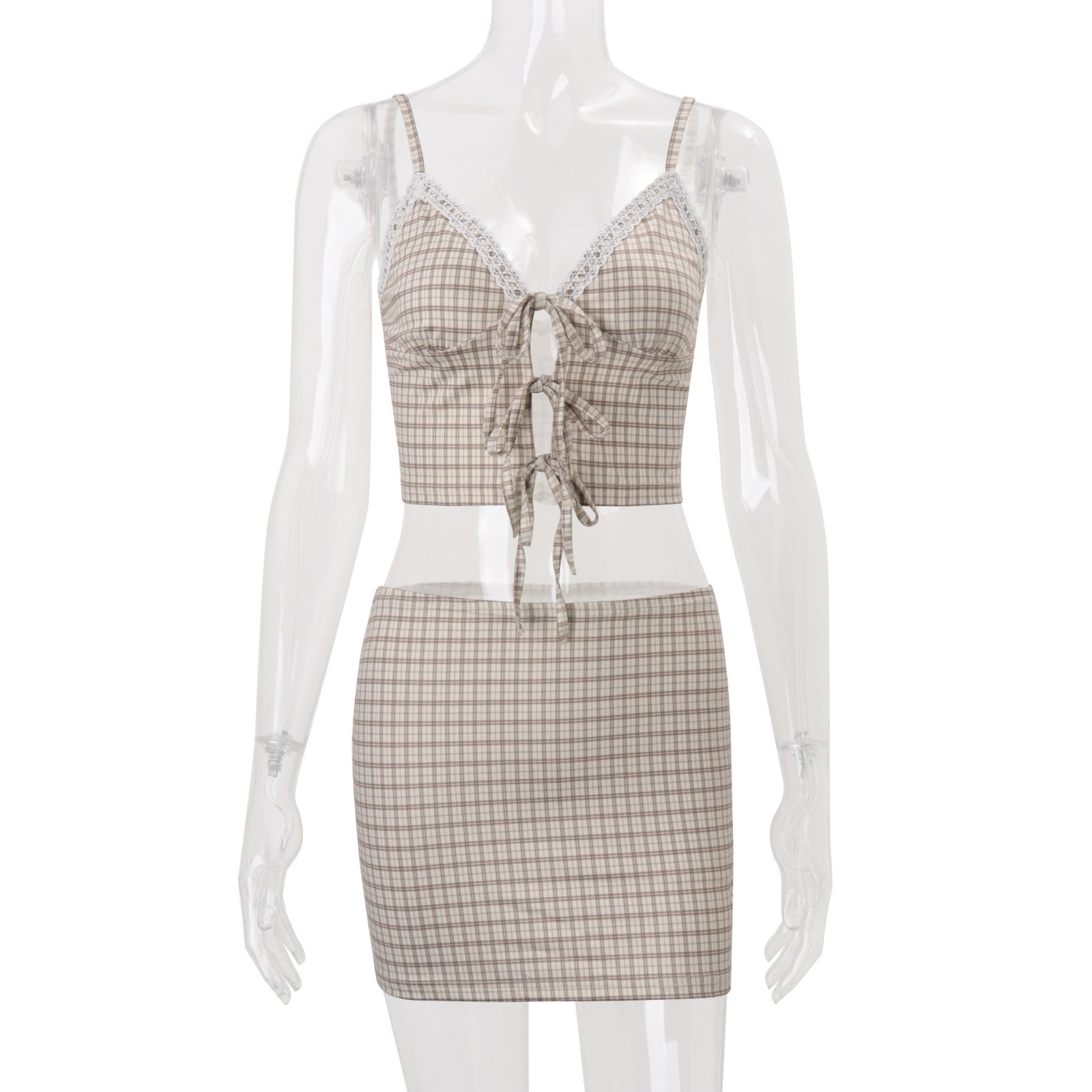 Vintage Inspired Womens Summer Outfit V Neck Plaid Cami Top Bodycon Mini Skirt Set Perfect for Casual or Night Out