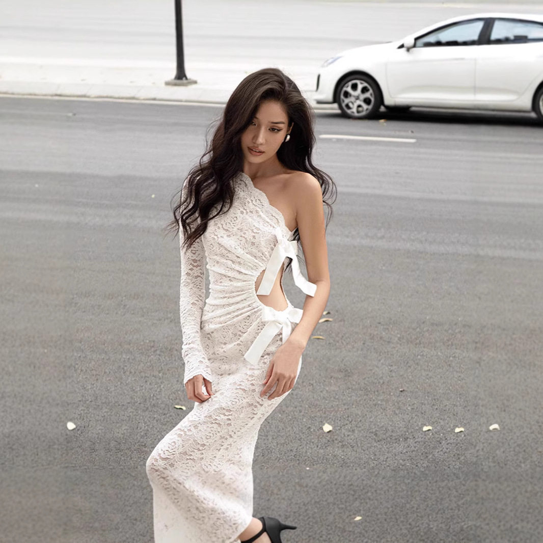 Lace One Shoulder Dress Sexy Hollow Out Long Sleeve Bow Detail Autumn Winter Fashion Wholesale Available