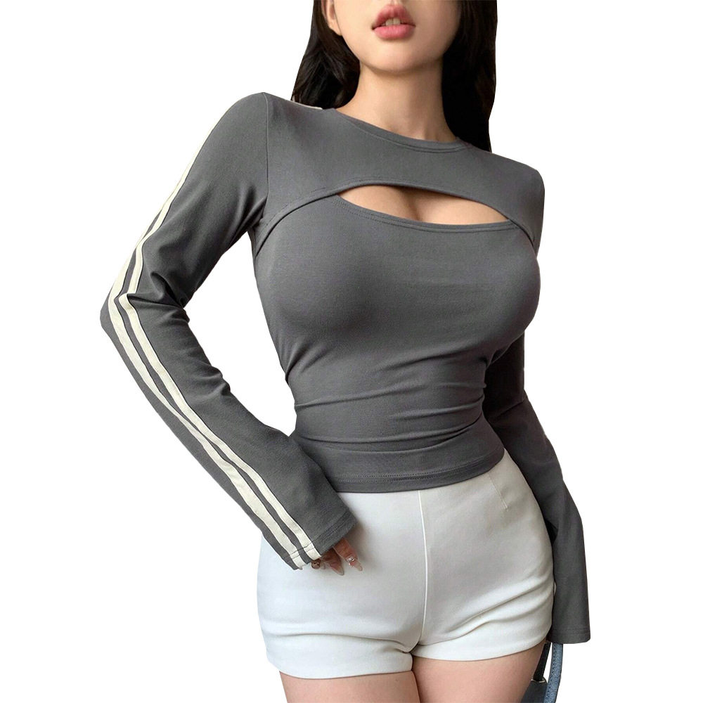 Womens Color Block Short Sleeve T Shirt Slim Fit Two Piece Look Contrast Stripes Autumn Winter Casual Wear