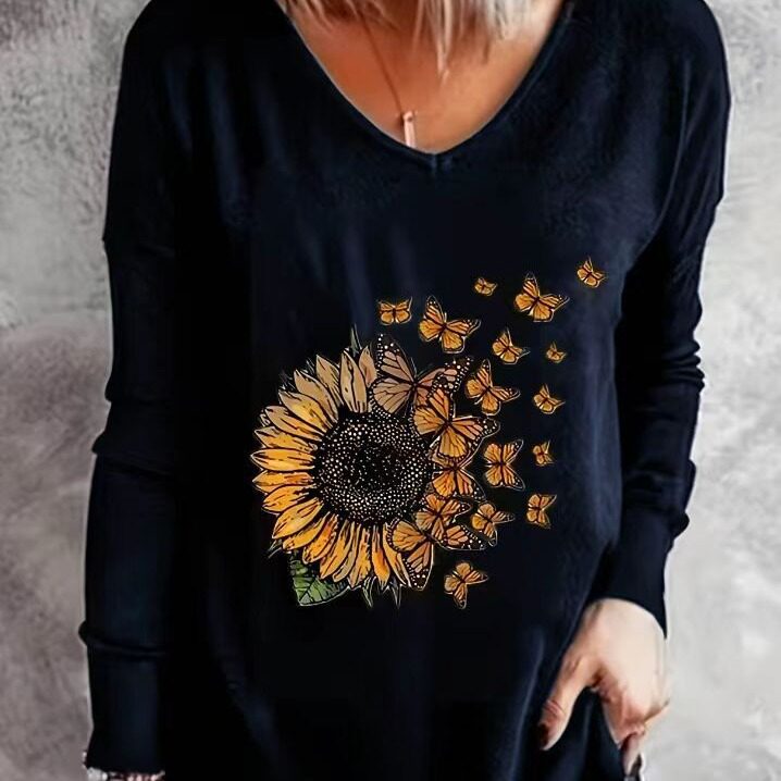 Womens Long Sleeve T Shirt V Neck Loose Fit Sunflower Print Summer Casual Wear Wholesale Available