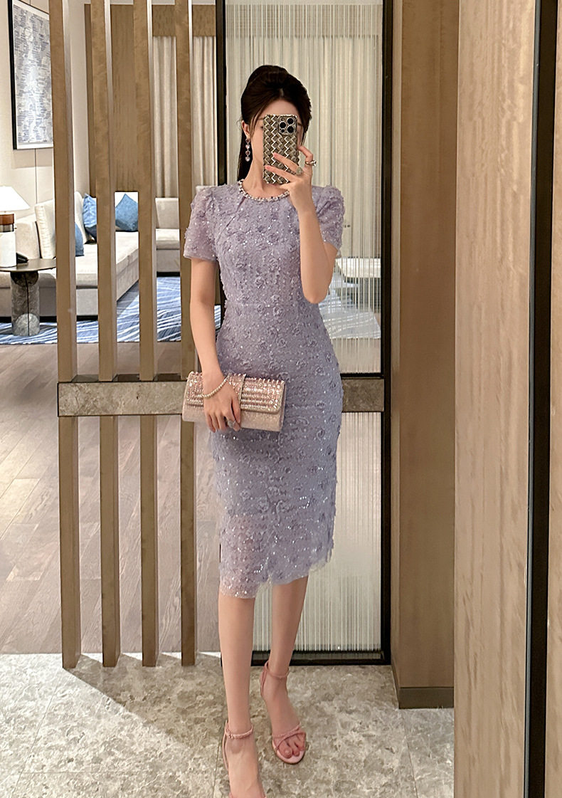 Đầm ren ôm body nữ cổ tròn tay bồng cao eo 2025 — [Trắng hồng], [Tím] chi tiết 15