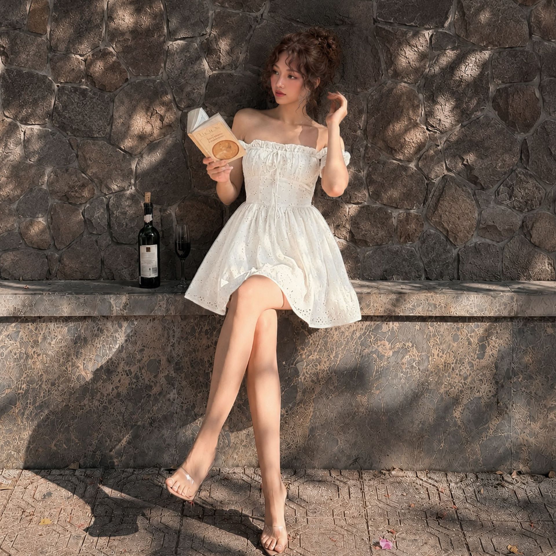 Summer Womens Dress French Style Sweet Aesthetic Waist Cinching Off Shoulder Sleeveless Perfect for Parties or