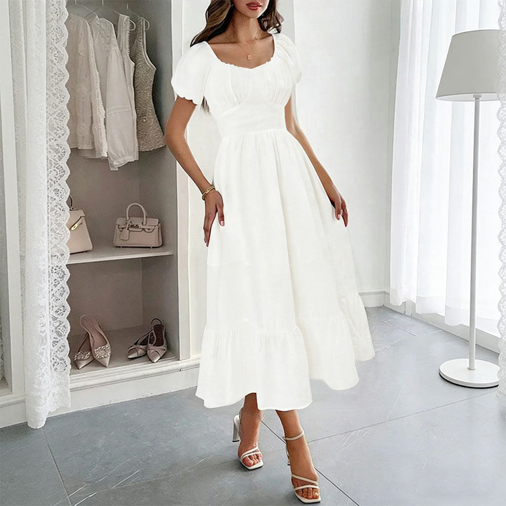 French Vintage Puff Sleeve A Line Midi Dress Waist Defining Flattering Fit Elegant Style Wholesale Available