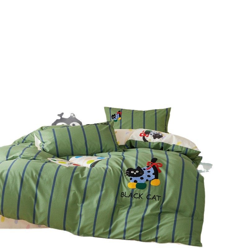 Ins Style Cartoon Towel Embroidered 100 Pure Cotton Four-Piece Set 1.5m 1.8m Student Bed Bed Sheets Quilt Cover Dormitory Three-Piece Set