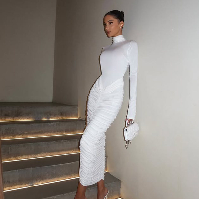 High Neck Long Sleeve Bodycon Dress Ruched Design Waist Cinching Solid Color Autumn Fashion for Women Wholesale