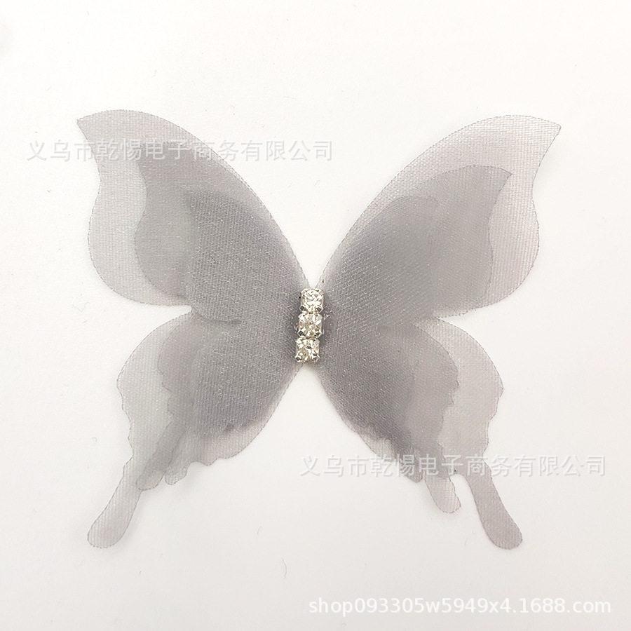 三层带钻蝴蝶布艺diy发饰配件服装辅料钻饰diy饰品薄纱三层蝴蝶