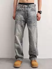 Hme Men's Jeans with Vintage Paintwork, Loose Straight-Leg Casual Ripped Denim Pants, Exclusively for Temu