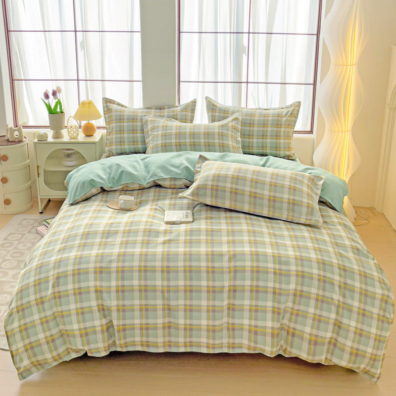 New Thickened Sanding Four-piece Solid Color Plaid Autumn and Winter Japanese Washed Cotton Student Dormitory Bed Sheet Three-piece Set