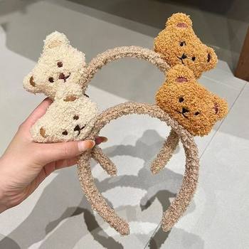 Korean Style Ins Style Cute Embroidered Bear Head 2025 New Plush Hair Hoop Girl Face Wash Hairpin Hairband Hair Accessories