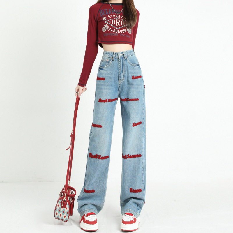 Womens Embroidered Straight Leg Denim Pants American Design Wide Leg Unique Style Spring Collection Wholesale