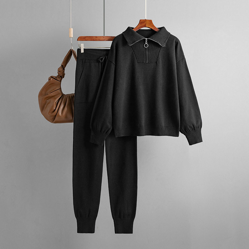 POLO领毛衣套装女秋冬外贸女装2023宽松欧美时尚休闲针织两件套