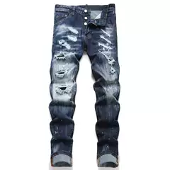 European and American 2025 Spring Punk Men's Skinny Jeans Blue Ripped Patch Slim Mid-Rise Men's Pants D4036