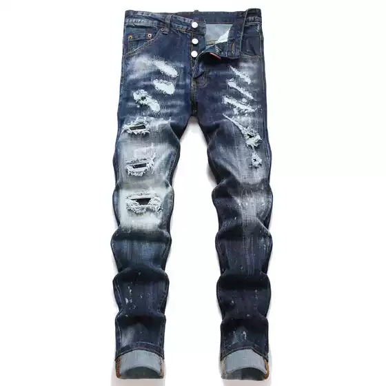 European and American 2025 Spring Punk Men's Skinny Jeans Blue Ripped Patch Slim Mid-Rise Men's Pants D4036