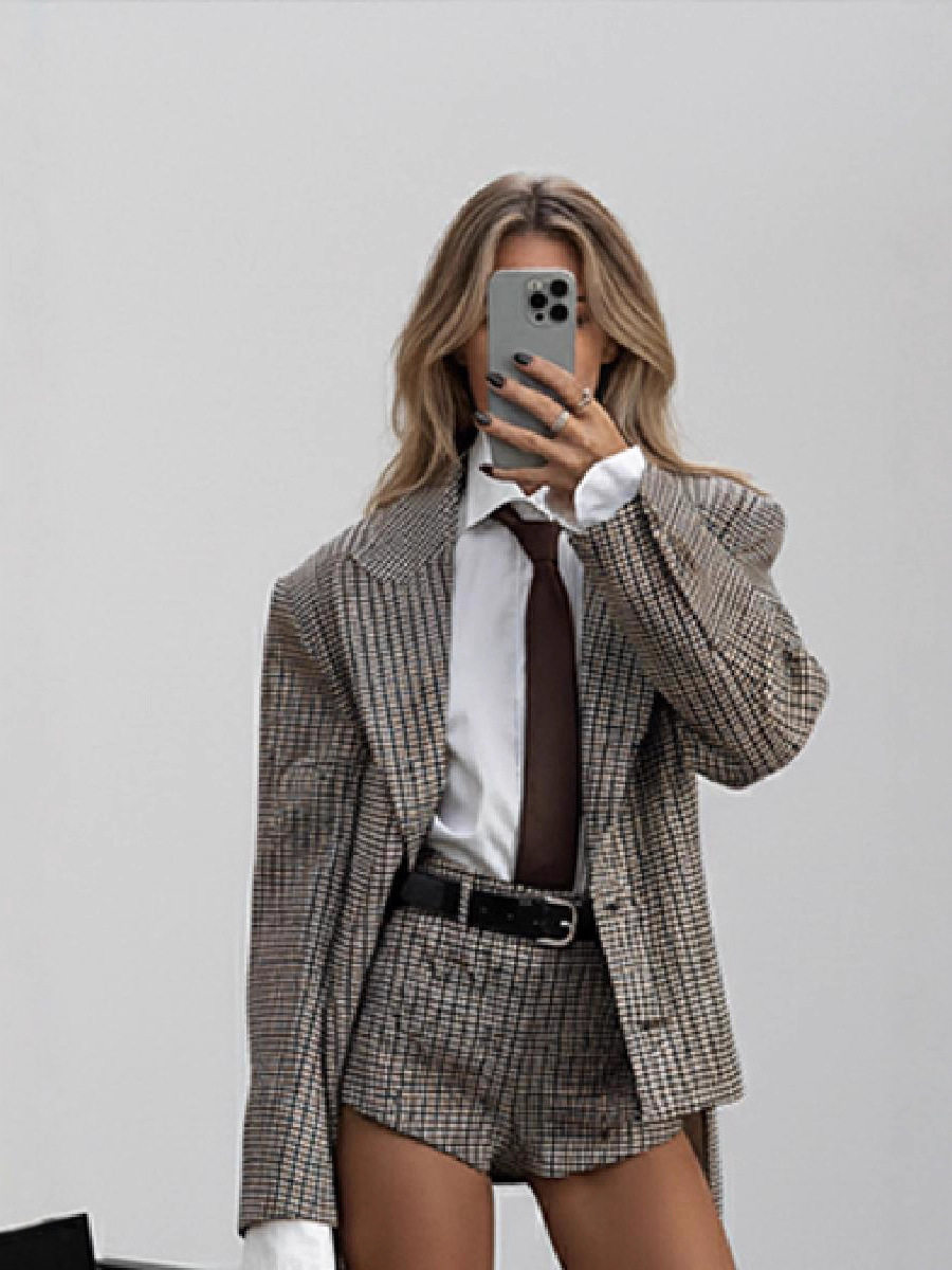 European and American Cross-Border 2025 Autumn and Winter Fashionable Slimming Plaid Suit Shorts Two-Piece Suit