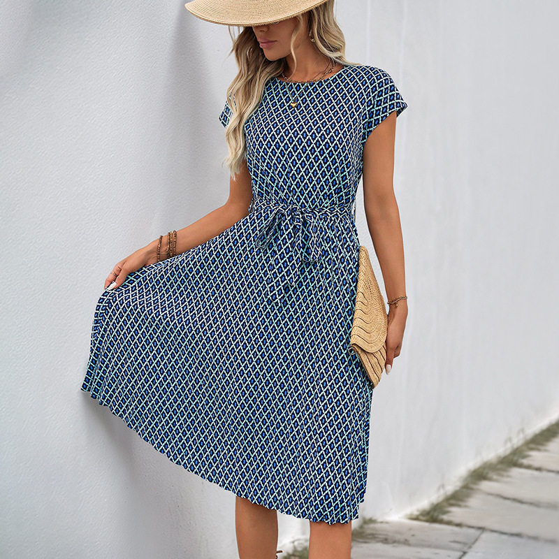 Geometric Print Short Sleeve Dress Minimalist Style Round Neck Comfortable Fabric Perfect for Casual Occasions OEM