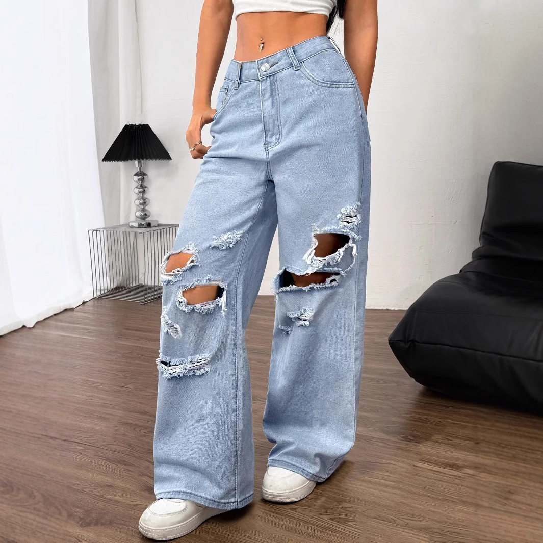 Loose Fit Butterfly Embroidered Ripped Denim Pants Womens Casual Style Perfect for Everyday Wear Ready to Ship