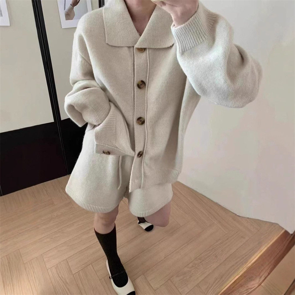 suit Women Autumn and Winter New Korean Fashion Lapel Sweater Cardigan Women's High Waist Slimming Wide Leg Shorts Two-piece Set