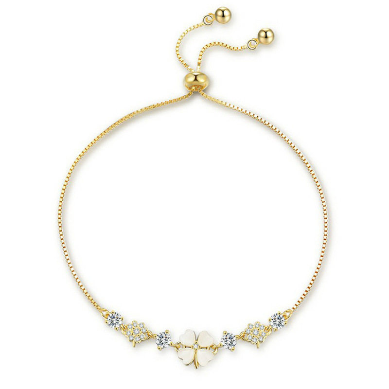 White Copper Cat's Eye Stone Heart-Shaped Four-Leaf Clover Bracelet, Feminine, Light Luxury, Niche Flower Bracelet, Pull-Out and Adjustable
