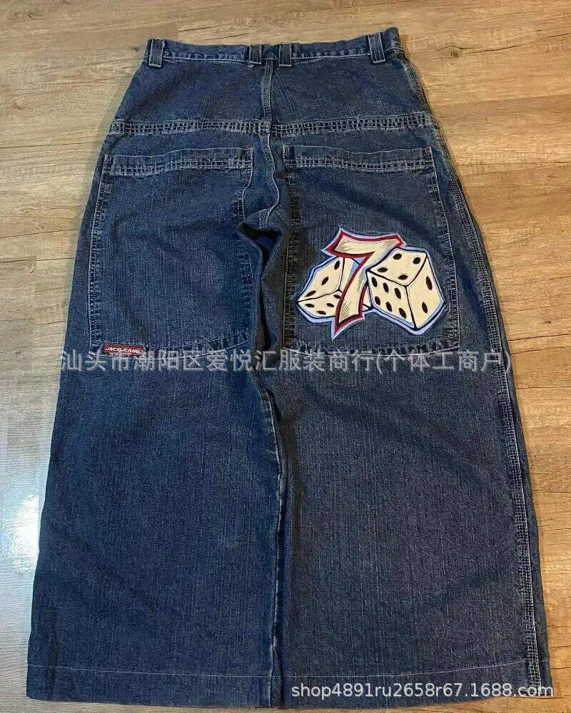 2024春秋季新款跨境美式潮牌复古水洗Y2K刺绣嘻哈图案男式牛仔裤