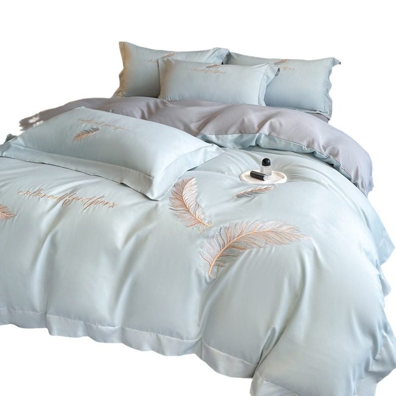 New Skin-Friendly Cotton Bed Set, Thickened Brushed Four-Piece Set, High-End Skin-Friendly Feather Embroidery Duvet Cover and Bed Sheet