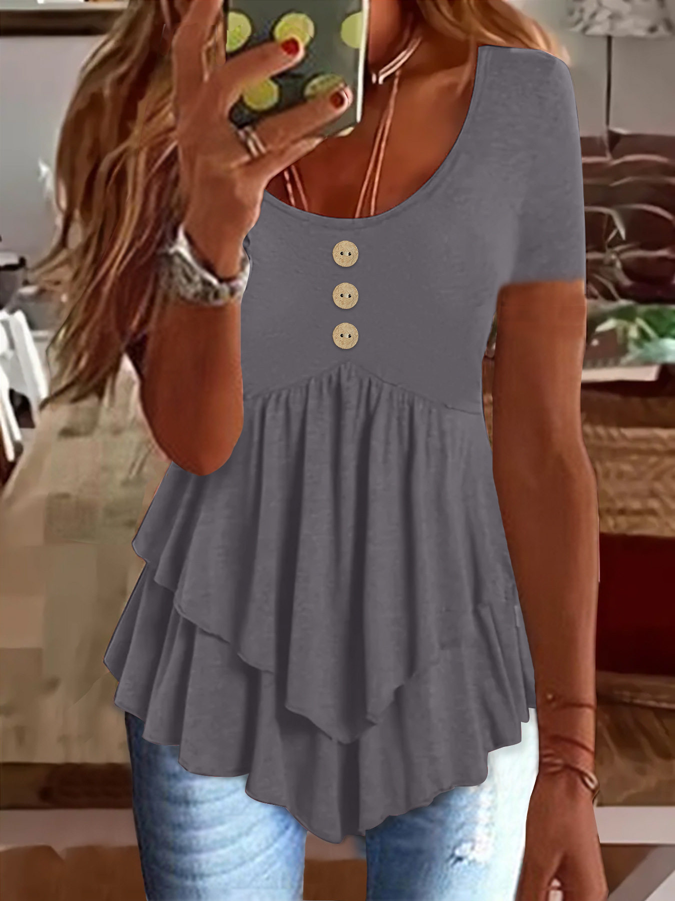 2025年新款亚马逊跨境欧美女装时尚三粒扣休闲纯色短袖连衣裙上衣