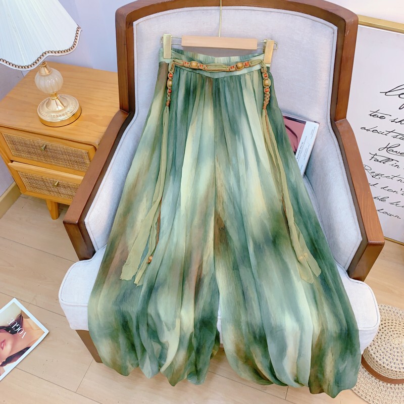 Quần ống lồng đèn nữ thắt lưng thủ công họa tiết nhuộm loang — Hạnh, Phấn, Xanh lá - Chất lượng cao