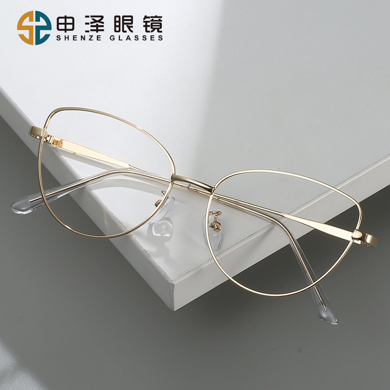 New European and American Cat-Eye Retro Metal Color-Changing Glasses Frame Fashionable Plain Face Round Frame Anti-Blue Light Flat Mirror